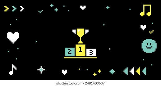 Pixel art frame with podium for winners. Smile, music, heart, star, sparkle vector elements. Simple design. Y2k trendy playful pixelated backdrop and banner. Mood of 90's aesthetics. Black background