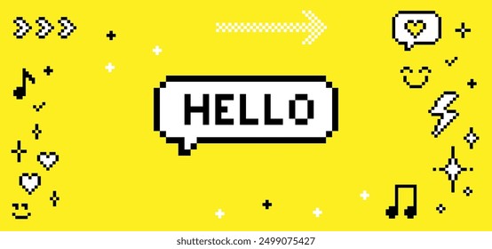 Pixel art frame with speech bubble text saying Hello and funny naive elements. Smile, music note, heart, sparkle. Vector illustration. Retro design. Y2k trendy playful background, banner. Mood of 90's