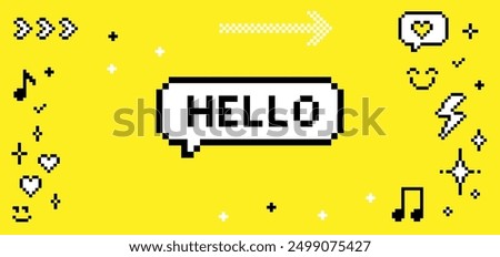 Pixel art frame with speech bubble text saying Hello and funny naive elements. Smile, music note, heart, sparkle. Vector illustration. Retro design. Y2k trendy playful background, banner. Mood of 90's