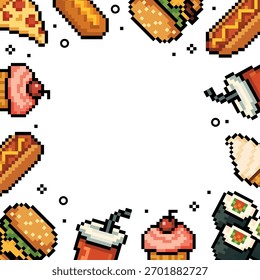 Pixel art frame of various fast food items burgers, hot dogs, pizza, sushi, soda, cupcakes, and corn dogs with empty center, for menu templates, digital invites, game UI, posters, web banner. Vector