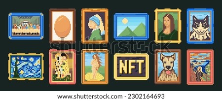 Pixel art framed paintings. Pixelated picture, 8-bit drawing image and digital art gallery vector illustration set of frame design, game image pixel art