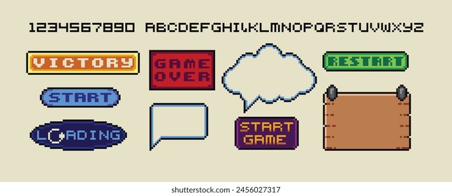 Pixel Art Frames. Retro 8-Bit-Buttone, Pfeile, Sprechblasen-Nachrichten und Zitatrahmen. Game UI Vektorgrafik Vorlage Set von Pixelspielrahmen, 8-Bit-Nachrichtenabbildung