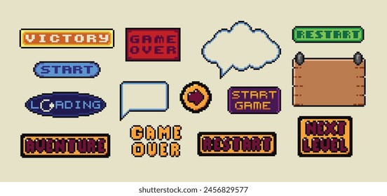 Pixel art frames. Retro 8 bit buttons, arrows, speech bubble messages and quote frame. Game UI vector template set of pixel game frame, 8 bit message illustration