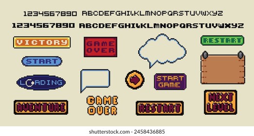 Pixel art frames. Retro 8 bit buttons, arrows, speech bubble messages and quote frame. Game UI vector template set of pixel game frame, 8 bit message illustration