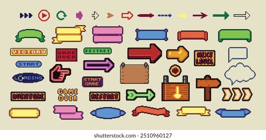 Pixel art frames. Retro 8 bit buttons, arrows, speech bubble messages, food and quote frame. Game UI vector template set of pixel game frame, 8 bit message illustration