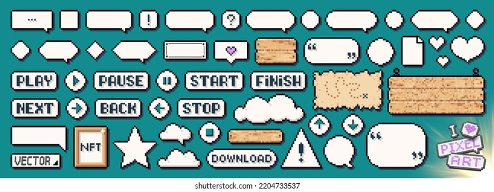 Pixel art frames. Retro game UI play buttons, speech bubbles messages and quote frames vector set