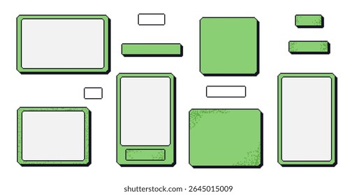 Pixel art frames set. 8 bit geometric borders. Rectangle text boxes in retro 90s style isolated on white background. Digital blanks with buttons. Vector collection illustration.