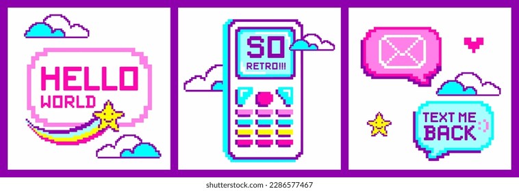 Marcos de arte de píxeles para texto, lemas. Teléfono celular antiguo, estética de retroceso de 90-2000. Estilo vaporwave de los años 00. Retroondear elementos de teléfono móvil de 8 bits, cajas de mensajes. Impresión vectorial cuadrada, paleta rosa y 2k