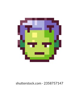 Pixel Art Frankenstein. Retro 8bit Style Halloween Decor Monster Head Illustration. Ideal for Sticker, Retro Decorative Video Game Element, Game Asset, Emoji, Avatar or Cute Geek Patch.	