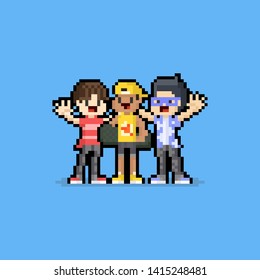 Pixel art freindship day cartoon boy characters.8bit.