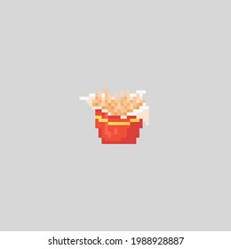 Pixel art french fries icon. Vector Retro 8 bit illustration of french fries. Pixel fast food isolated fries. Pixel vector potato fries icon for game, sticker, app, web design and more.