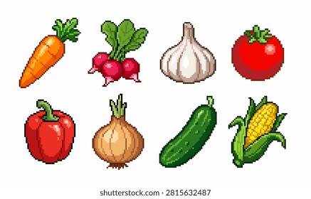 Pixel Art Fresh Vegetables Set Vector Illustration Isolated on White Background.