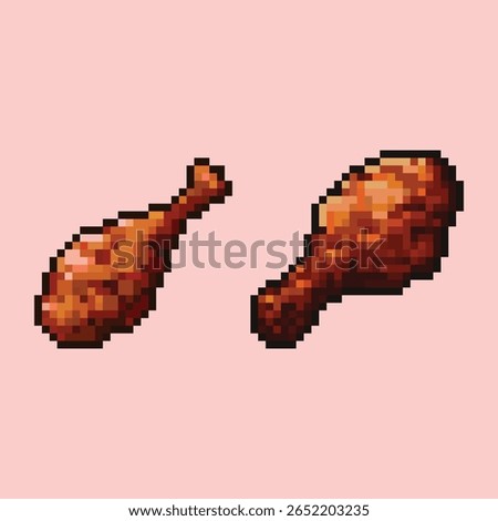 Pixel Art Fried Chicken Drumstick Set 8-bit Food Icons. A set of 8-bit style pixel art fried chicken drumsticks. 