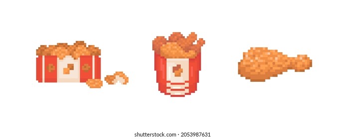 Pixel art fried chicken set illustrations. 8 bit style retro icons of chicken nuggets, bucket of spicy chicken legs and deep-fried leg. Vector fast food chicken for game, decoration, sticker or web. 