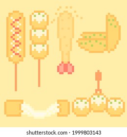 pixel art of fried snacks; corndog, tempura, potatoes, mozarella