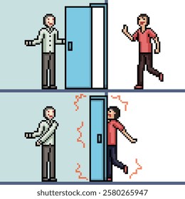 pixel art of friend prank close door scene background