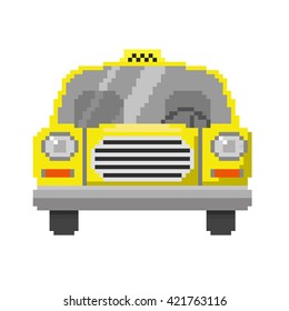 Pixel art of front view of yellow car (taxi). Vector icon illustration isolated on white background
