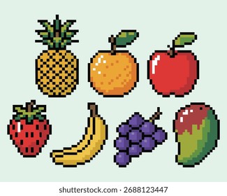  Pixel Art Fruit Collection Vector. Retro 8-bit Healthy Food Game Icons.