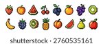 Pixel art fruit icon set with colorful 8 bit bananas, watermelon, grapes, berries, and more tropical fruits isolated on white background, ideal for games apps and retro design.Vector illustration