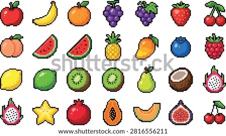 Pixel art fruit icon vector set featuring retro 8-bit video game style apple grape strawberry watermelon starfruit and dragonfruit icons