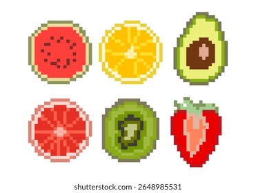 Pixel Art Fruit Icons Collection Pastèque Orange Avocat Pamplemousse Kiwi et Fraises dans le style rétro pour jeu UI et Ressources d'art numérique