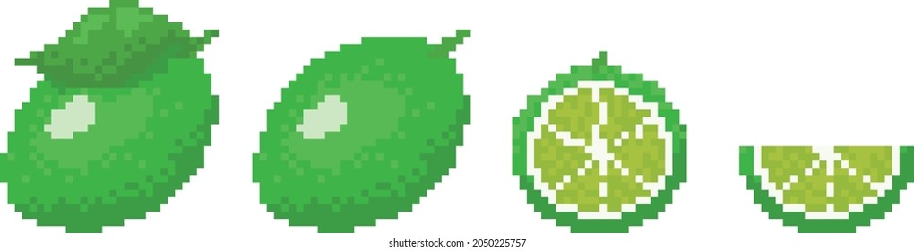 pixel art fruit lime. Old style icon of fruit lime on white background isolated. Lime slice, half. 8-bit fruit.