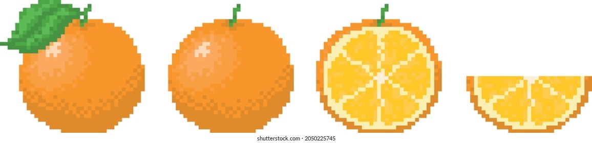 pixel art fruit orange. Old style icon of fruit orange on white background isolated. Orange slice, half. 8-bit.