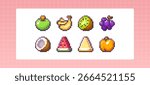 Pixel art fruit set - retro 8 bit style watermelon slice and melon, kiwi and grapes, coconut , banana bunch near apple icons. Colorful gaming food for mobile apps, indie games or digital design.