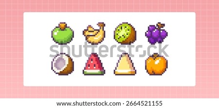 Pixel art fruit set - retro 8 bit style watermelon slice and melon, kiwi and grapes, coconut , banana bunch near apple icons. Colorful gaming food for mobile apps, indie games or digital design.