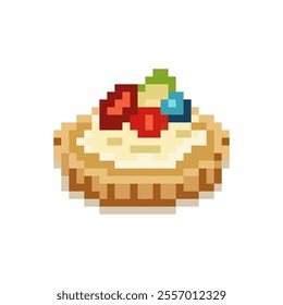 Pixel art of fruit tart. Pixelated tart cake. Food illustration pixel. 