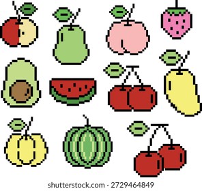 Pixel art fruit and vegetable set vectors of apple, pear, peach, strawberry, avocado, watermelon, cherry, mango, yellow pumpkin for decoration, food icon, grocery shopping, cartoon, supermarket, print