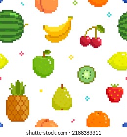Pixel Art Fruits seamless pattern on white background. Isolated pixel fruits in retro 8-bit video game style. Endless vector background 