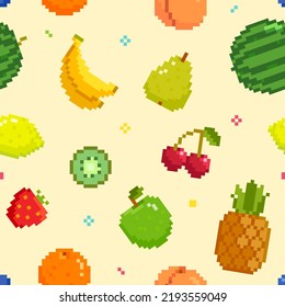 Pixel Art Fruits seamless pattern  background in retro 8-bit game style. Isolated pixel fruits in retro video game style. Endless vector background 