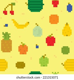 Pixel art fruits seamless vector pattern (yellow)