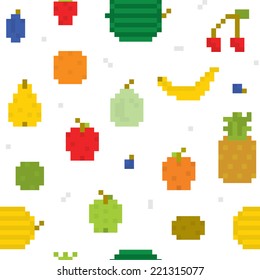 Pixel art fruits seamless vector pattern (white)