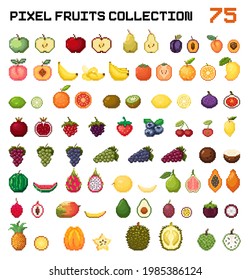 Pixel art fruits set. Pixel art fruits huge vector collection. Pixel fruits and berries Design for game, app, sticker. Big set pixel art fruits icon in 8 bit retro style. Web or game icons collection.