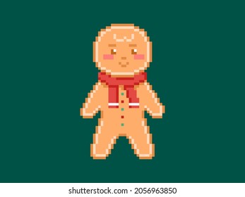 Pixel Art Full Body Gingerbread Classic Cookie Man In A Scarf. Vector 8 Bit Style Retro Illustration Of Gingerbread Cookie Man. Isolated Xmas Gingerbread Christmas Figure For Game Or Decoration.