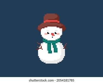 El arte del piano es un muñeco de nieve de cuerpo entero con una bufanda y un sombrero. Estilo vectorial de 8 bits ilustración retro de invierno lindo muñeco de nieve. Personaje adorable y aislado de snowman para videojuegos, pegatinas o decoración.