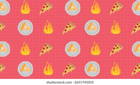 Pixel art of full pizzas, mustard bottles and drinks on a deep purple grid for a classic fast-food inspired design. Ideal for food-related digital content as a fun background.