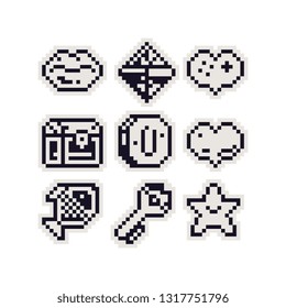 Pixel art fun stickers design, lips, chest, coin, crystal, heart, fish, chest and key,  cute cartoon badges and patches, elements design for arcade, logo, app, web. Isolated vector illustration.