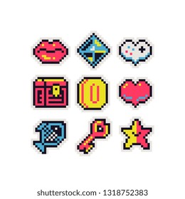 Pixel art fun stickers design, lips, chest, coin, crystal, heart, fish, chest and key,  cute cartoon badges and patches, elements design for arcade, logo, app, web. Isolated vector illustration.