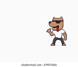 Pixel art funky dog in sunglasses showing shaka gesture