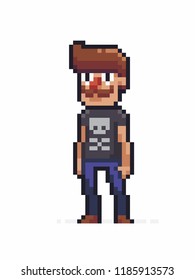 Pixel art funky moustache male character in black t-shirt with skull