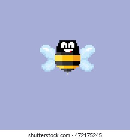 Pixel art funny bee on blue background . vector bee creative icon or bee logo