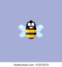 Pixel art funny bee on blue background . vector bee creative icon or bee logo