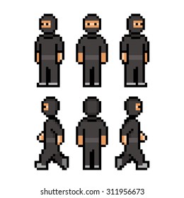 Pixel art funny black ninja for games