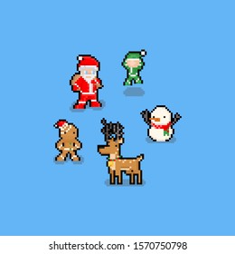 Pixel art funny cartoon christmas character set