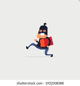 Pixel Art Funny Cheerful Thief Character Carrying A Box