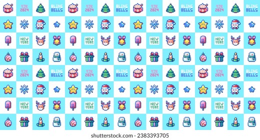 Pixel art Funny Christmas Seamless Pattern. 8bit Characters, Santa Claus, Gift Boxes, Snowman and other Holiday Decorations.
