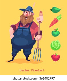 Pixel art. Funny  illustration of farmer character. Cartoon character. Isolated vector illustration. Great illustration for books and more. VECTOR.